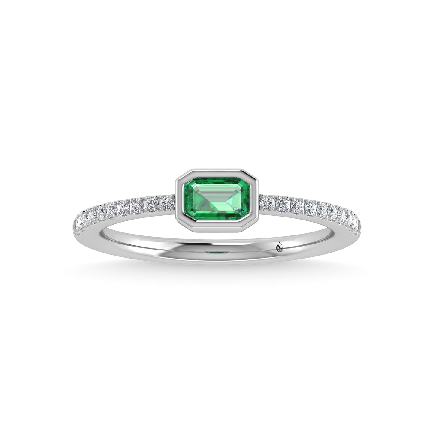 14K White Gold Diamond 3/8 Ct.Tw. And Emerald Fashion Ring