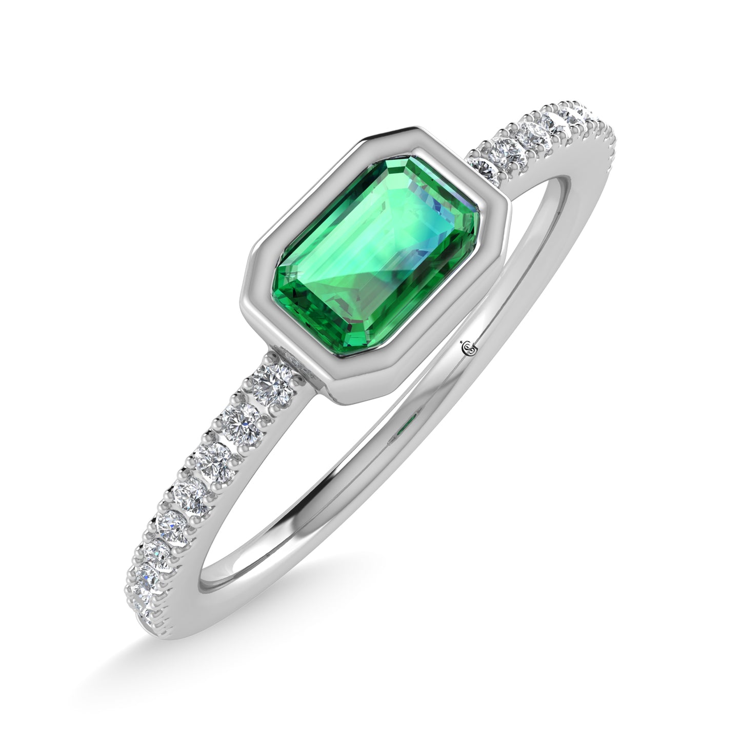 14K White Gold Diamond 3/8 Ct.Tw. And Emerald Fashion Ring