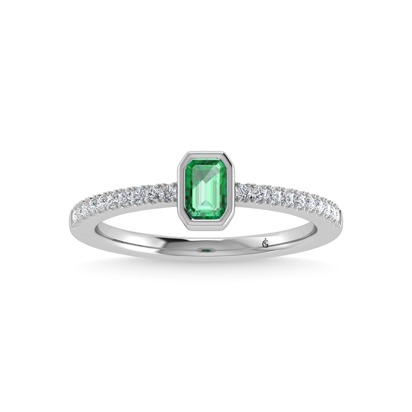 14K White Gold Diamond 3/8 Ct.Tw. And Emerald Fashion Ring