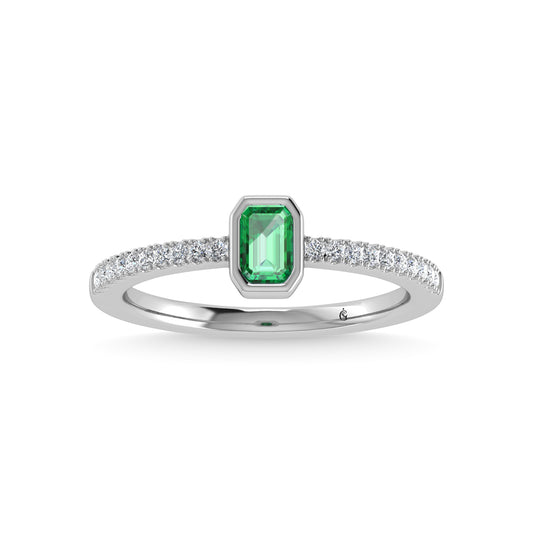14K White Gold Diamond 3/8 Ct.Tw. And Emerald Fashion Ring