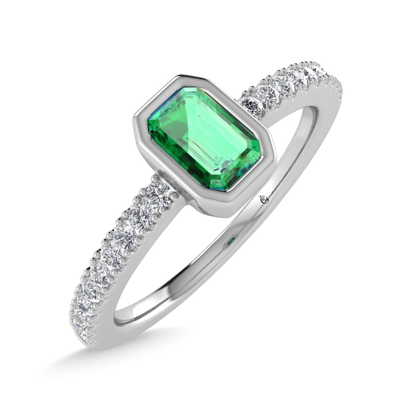 14K White Gold Diamond 3/8 Ct.Tw. And Emerald Fashion Ring