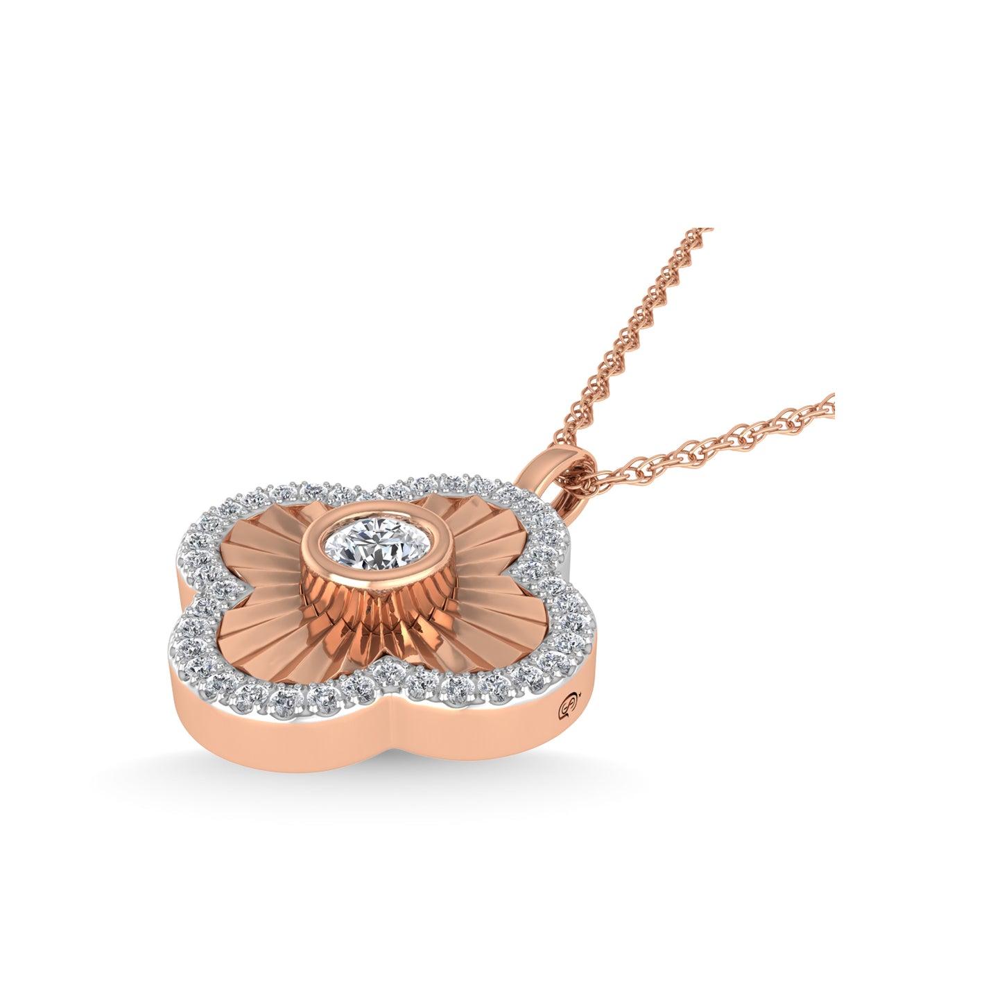 This four leaf clover pendant has a textured finish and is crafted with 14k rose gold. There are a total of 41 round cut diamonds, 3/8 ct tw. The chain is adjustable up to 18 inches in length.