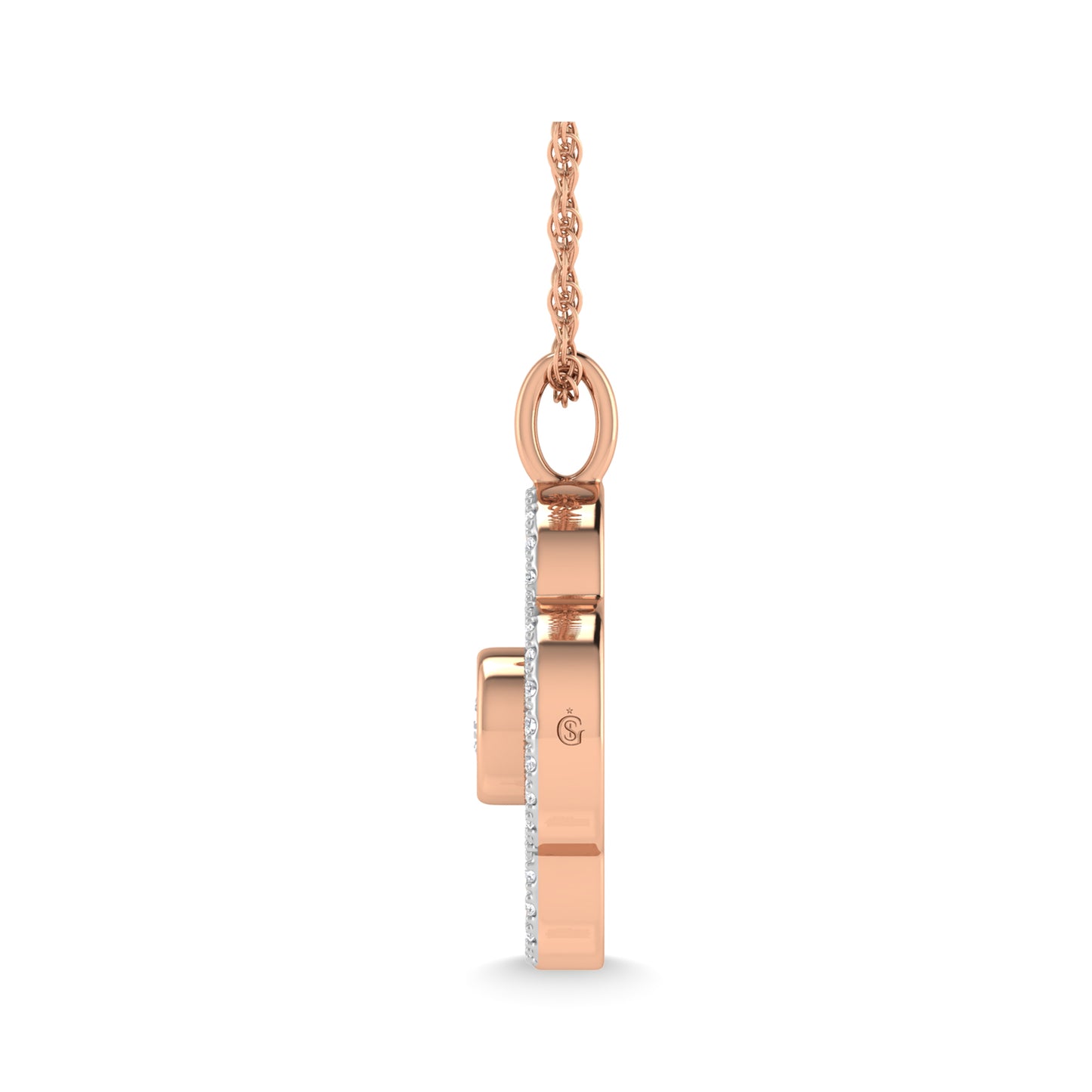 This four leaf clover pendant has a textured finish and is crafted with 14k rose gold. There are a total of 41 round cut diamonds, 3/8 ct tw. The chain is adjustable up to 18 inches in length.