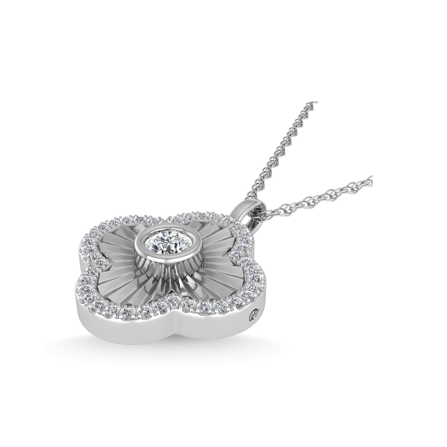 This four leaf clover pendant has a textured finish and is crafted with 14k white gold. There are a total of 41 round cut diamonds, 3/8 ct tw. The chain is adjustable up to 18 inches in length.