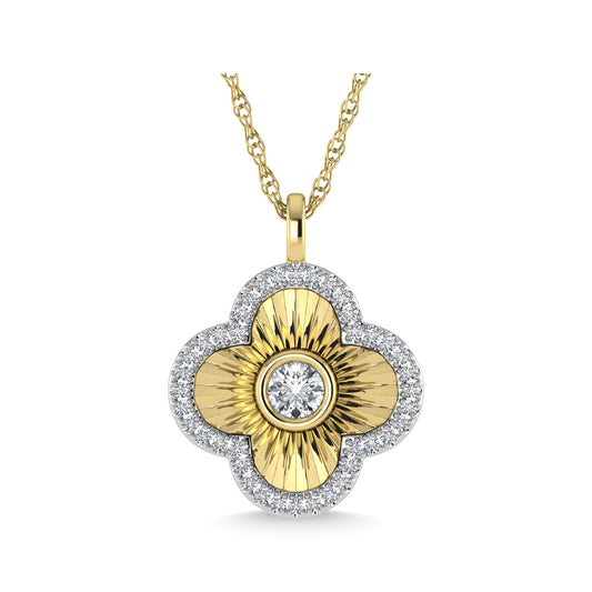 This four leaf clover pendant has a textured finish and is crafted with 14k yellow gold. There are a total of 41 round cut diamonds, 3/8 ct tw. The chain is adjustable up to 18 inches in length.
