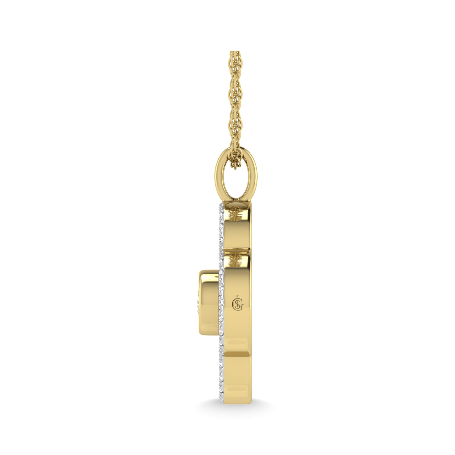 This four leaf clover pendant has a textured finish and is crafted with 14k yellow gold. There are a total of 41 round cut diamonds, 3/8 ct tw. The chain is adjustable up to 18 inches in length.