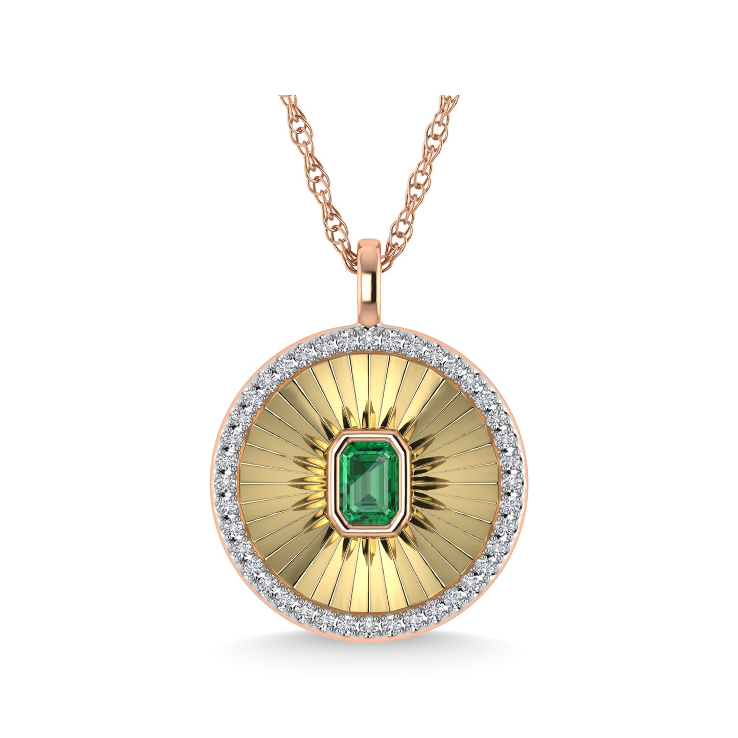 This circle pendant has a textured finish and is crafted with 14k rose gold. There are a total of 41 round cut diamonds, 3/8 ct tw. The chain is adjustable up to 18 inches in length.