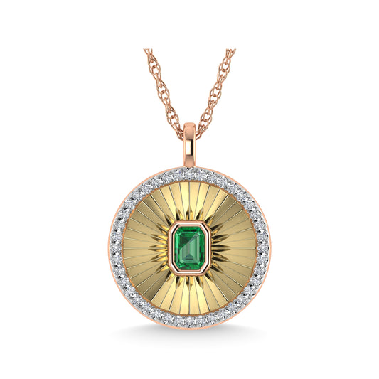 This circle pendant has a textured finish and is crafted with 14k rose gold. There are a total of 41 round cut diamonds, 3/8 ct tw. The chain is adjustable up to 18 inches in length.