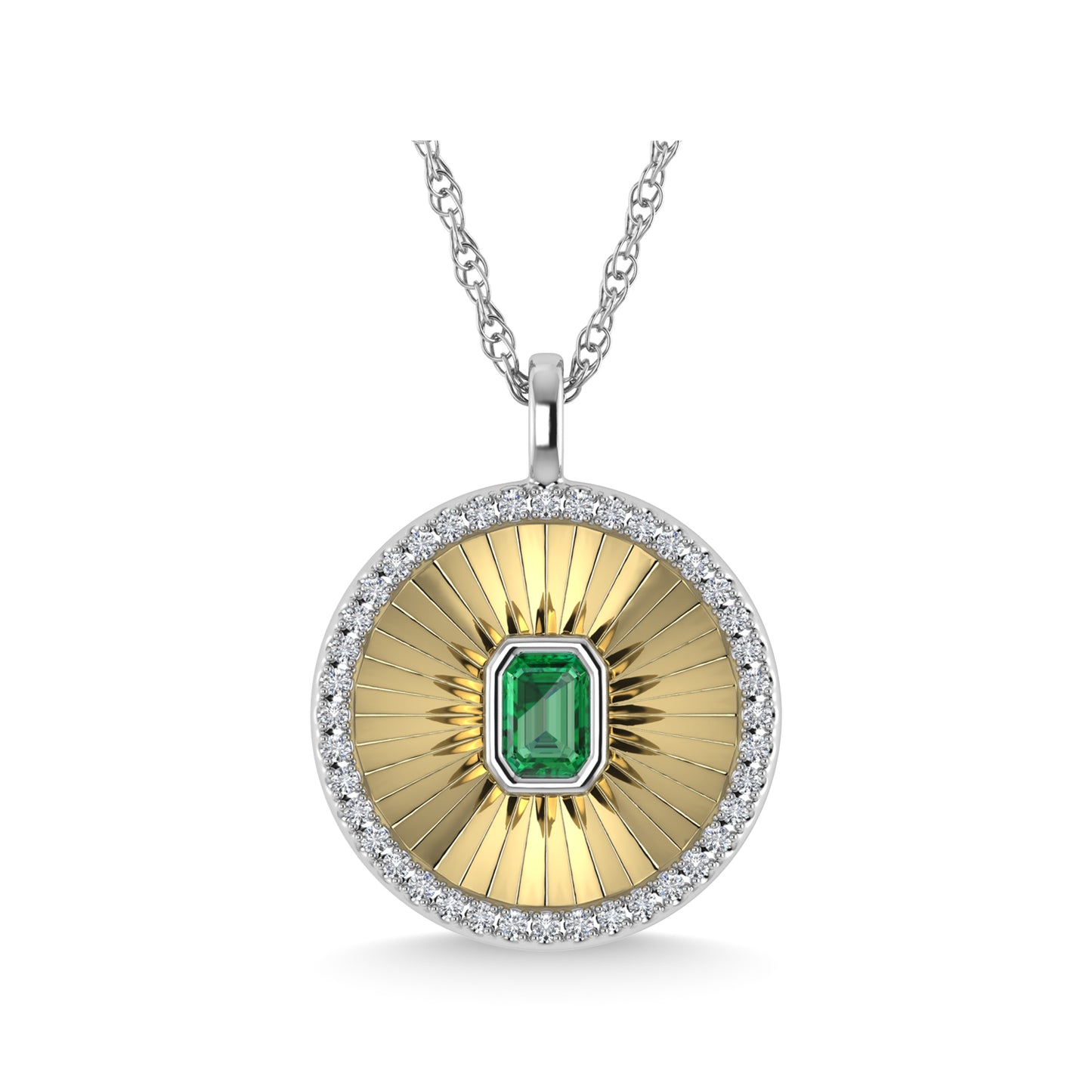 This circle pendant has a textured finish and is crafted with 14k white gold. There are a total of 41 round cut diamonds, 3/8 ct tw. The chain is adjustable up to 18 inches in length.