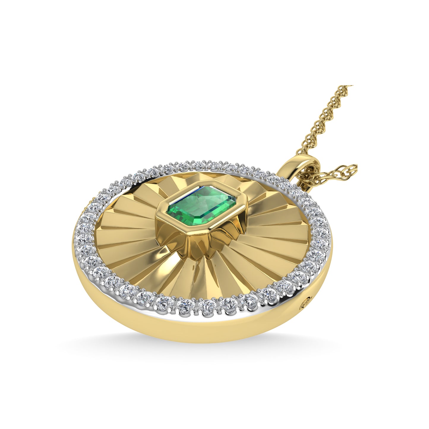 This circle pendant has a textured finish and is crafted with 14k yellow gold. There are a total of 41 round cut diamonds, 3/8 ct tw. The chain is adjustable up to 18 inches in length.