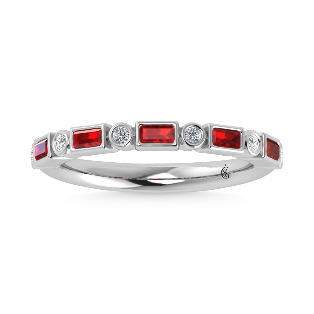 14K White Gold  3/8 Ct.Tw. Alternate Diamond and Ruby Stackable Band