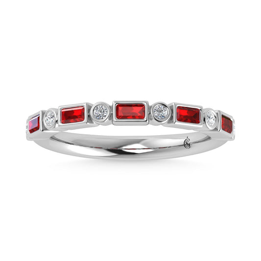 14K White Gold  3/8 Ct.Tw. Alternate Diamond and Ruby Stackable Band