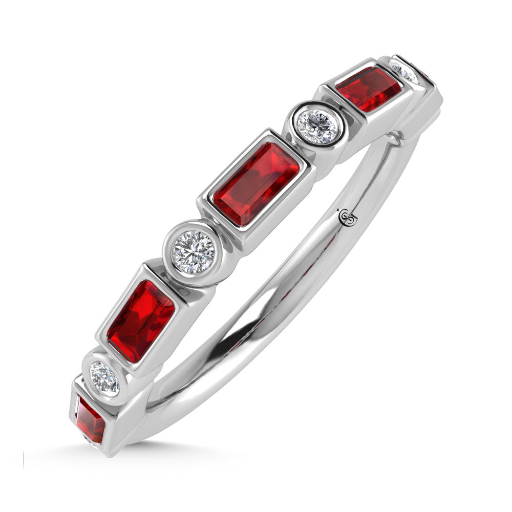 14K White Gold  3/8 Ct.Tw. Alternate Diamond and Ruby Stackable Band