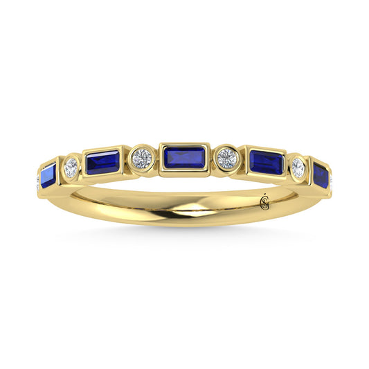 14K Yellow Gold  3/8 Ct.Tw. Alternate Diamond and Blue Sapphire Stackable Band