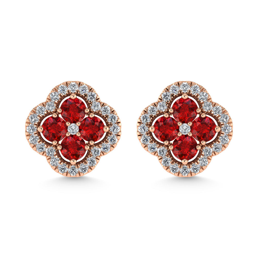 14K Rose Gold Diamond 7/8 Ct.Tw. and Ruby Clover Earrings