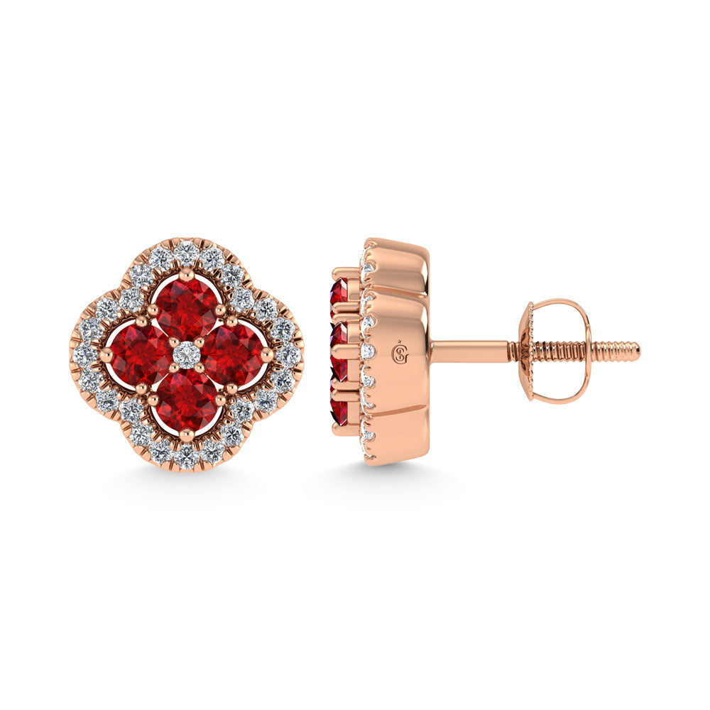 14K Rose Gold Diamond 7/8 Ct.Tw. and Ruby Clover Earrings