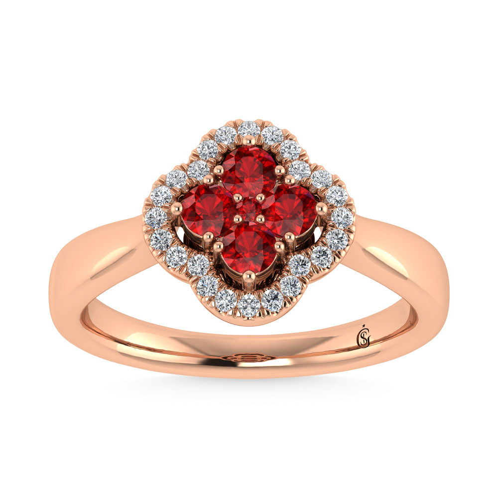14K Rose Gold Diamond 5/8 Ct.Tw. and Ruby Clover Ring