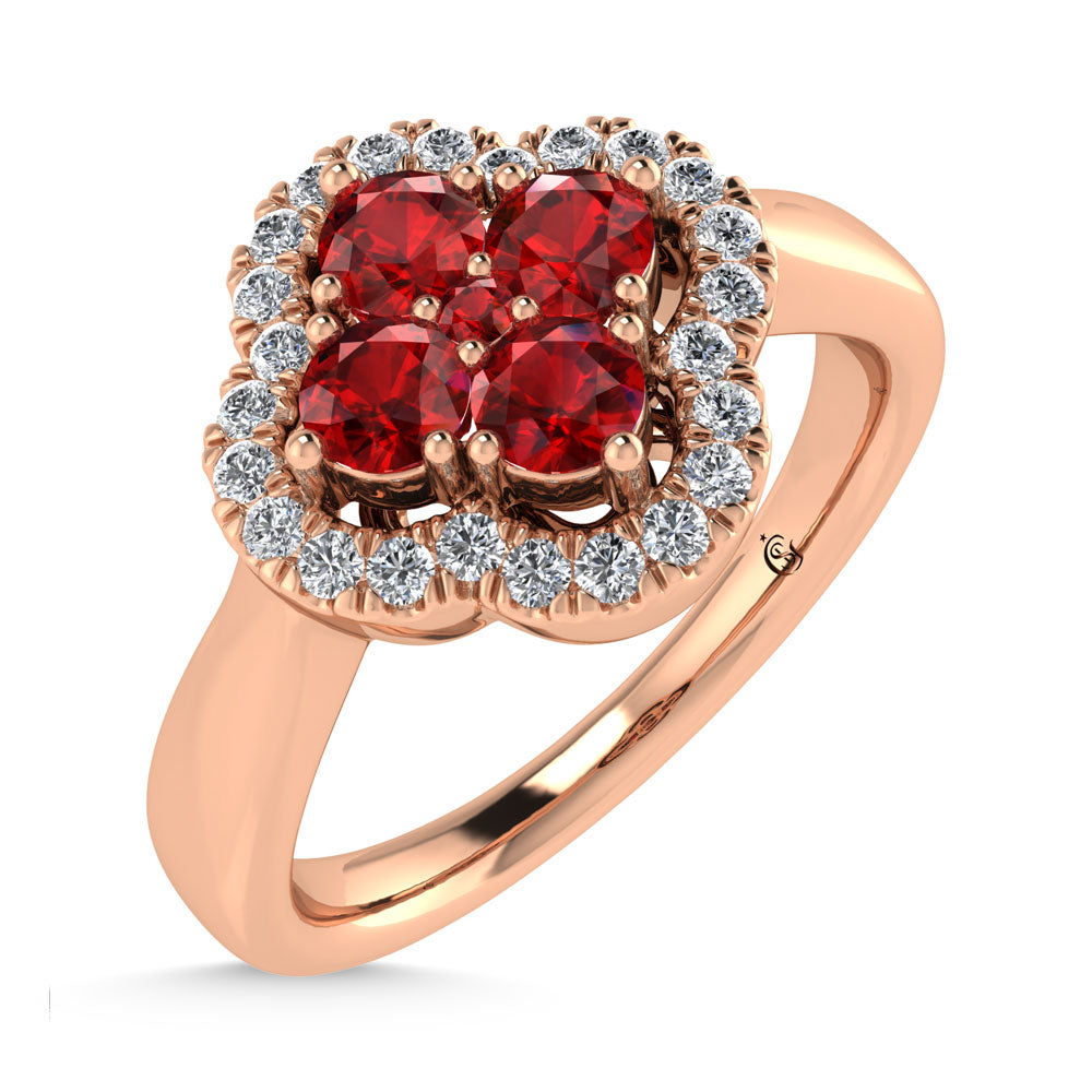 14K Rose Gold Diamond 5/8 Ct.Tw. and Ruby Clover Ring