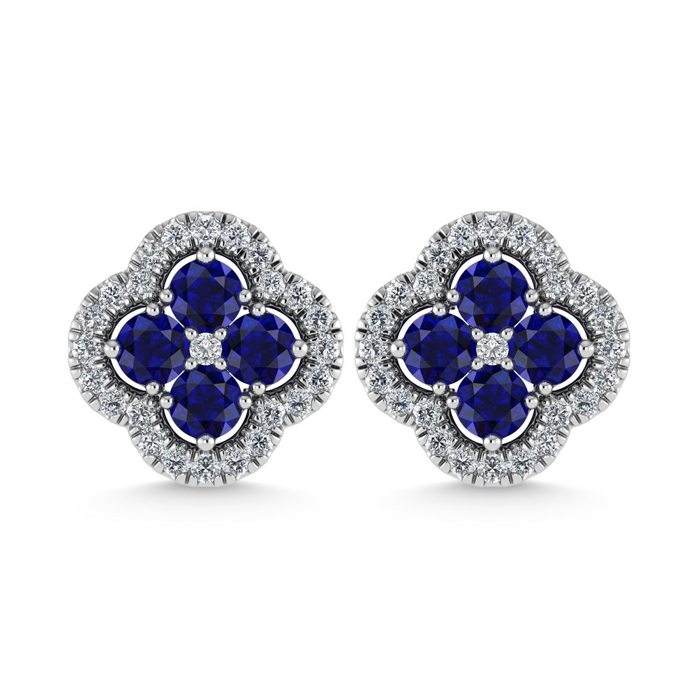 14K White Gold Diamond 7/8 Ct.Tw. and Blue Sapphire Clover Earrings