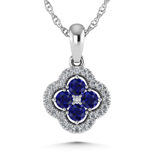 14K White Gold Diamond 5/8 Ct.Tw. and Blue Sapphire Clover Pendant