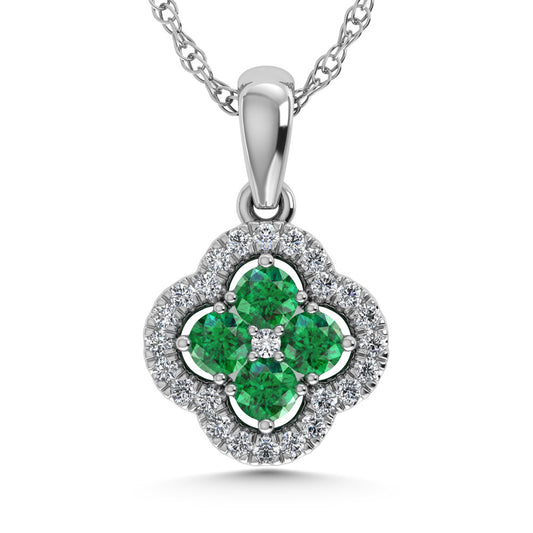 14K White Gold  1/2 Ct.Tw. Diamond and Emerald Fashion Pendant