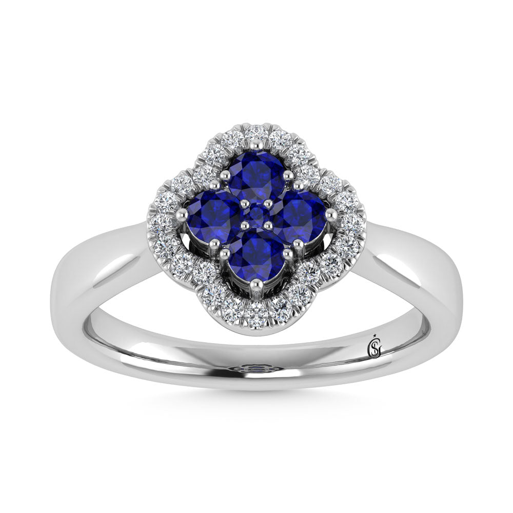 14K White Gold Diamond 5/8 Ct.Tw. and Blue Sapphire Clover Ring