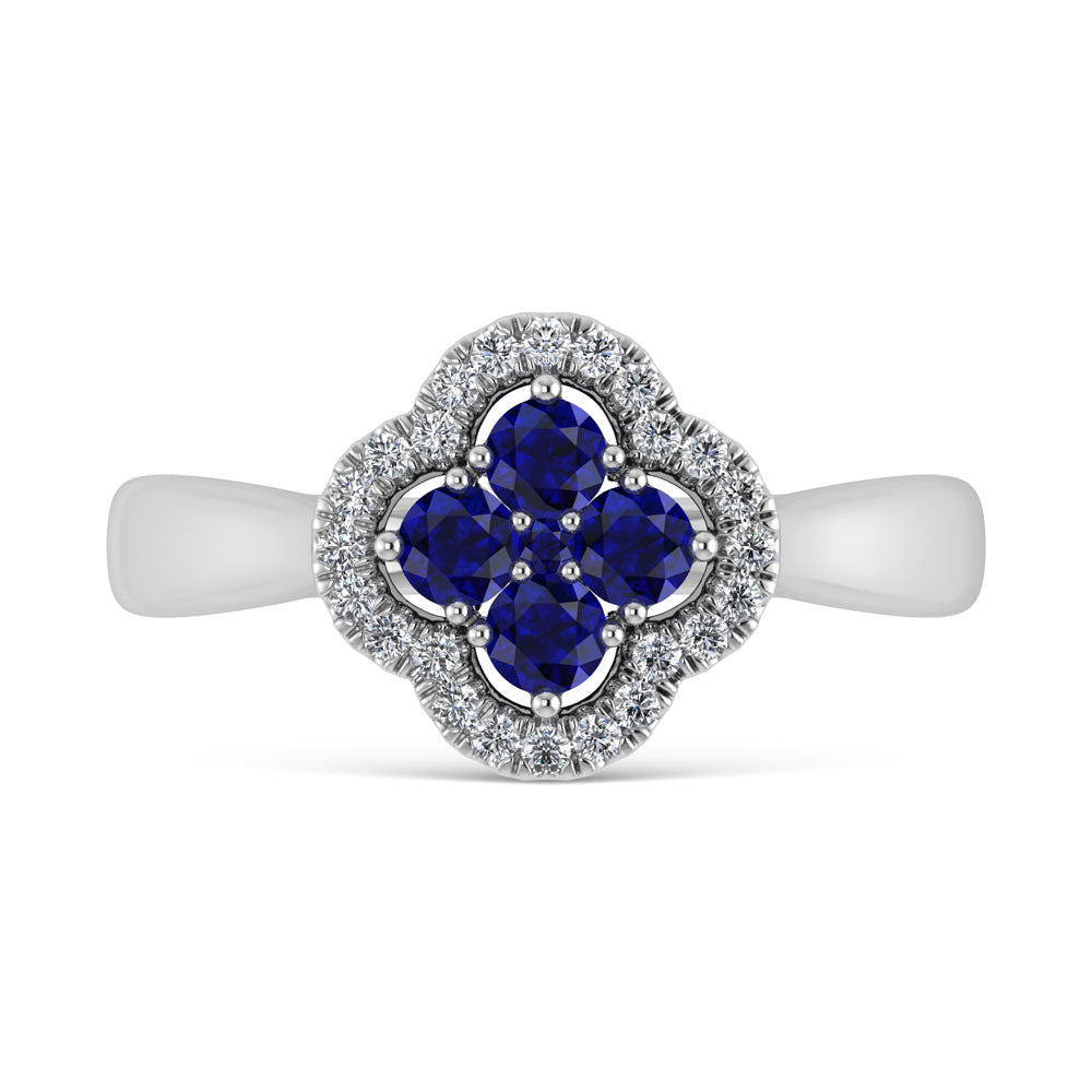 14K White Gold Diamond 5/8 Ct.Tw. and Blue Sapphire Clover Ring