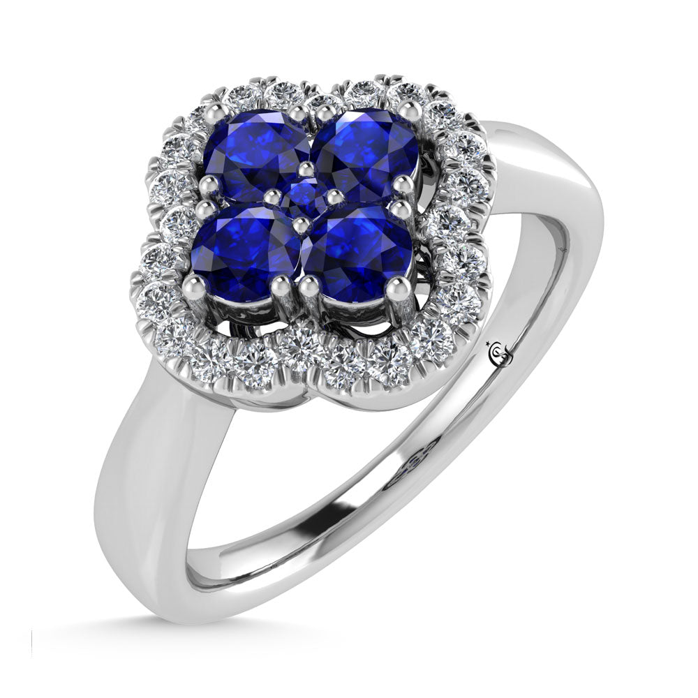 14K White Gold Diamond 5/8 Ct.Tw. and Blue Sapphire Clover Ring