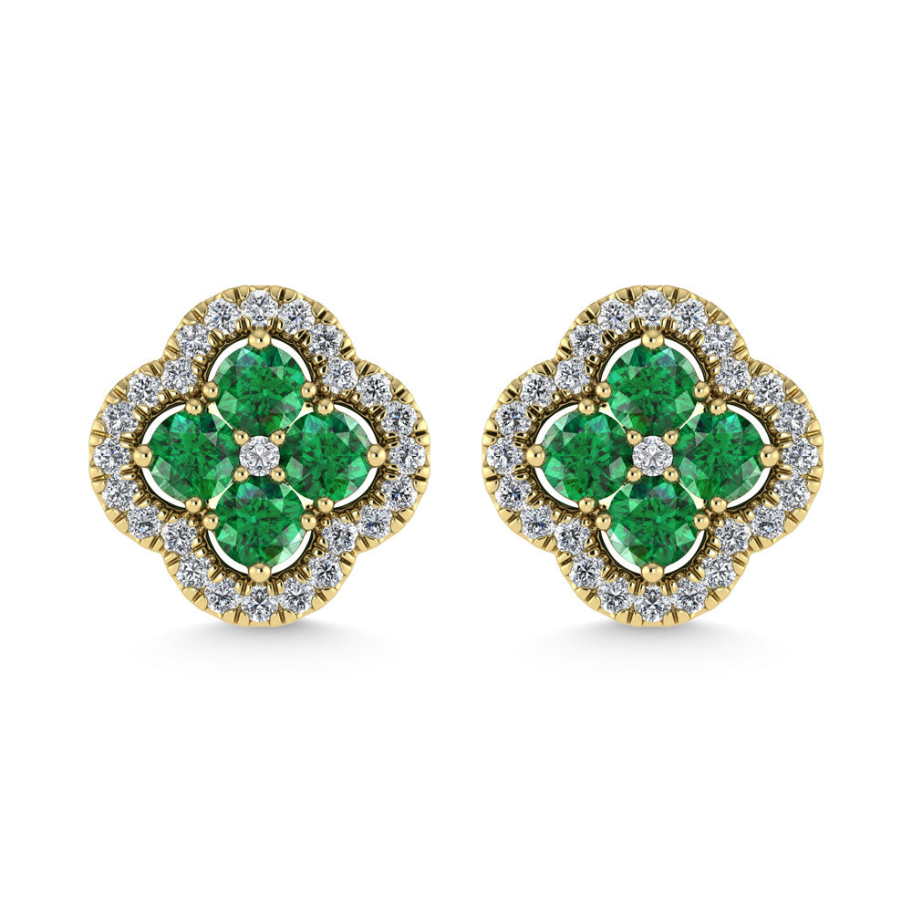 14K Yellow Gold Diamond 7/8 Ct.Tw. and Emerald Clover Earrings