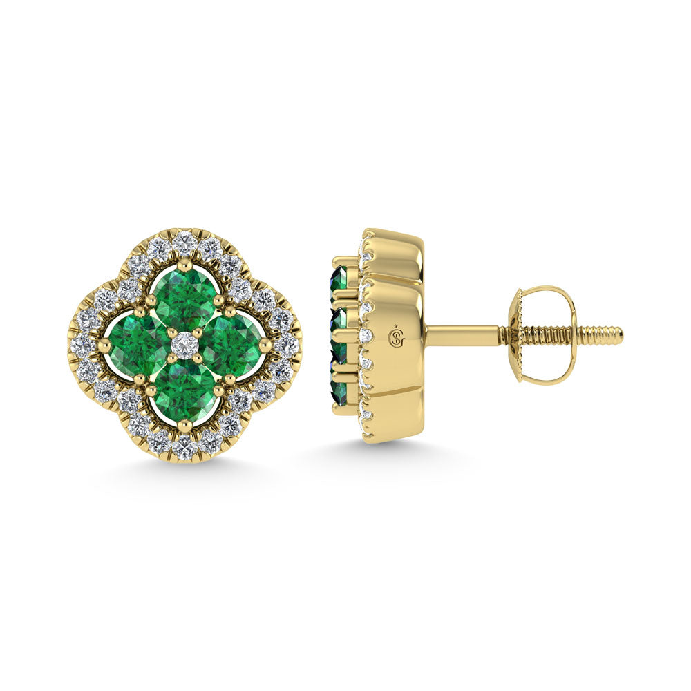 14K Yellow Gold Diamond 7/8 Ct.Tw. and Emerald Clover Earrings
