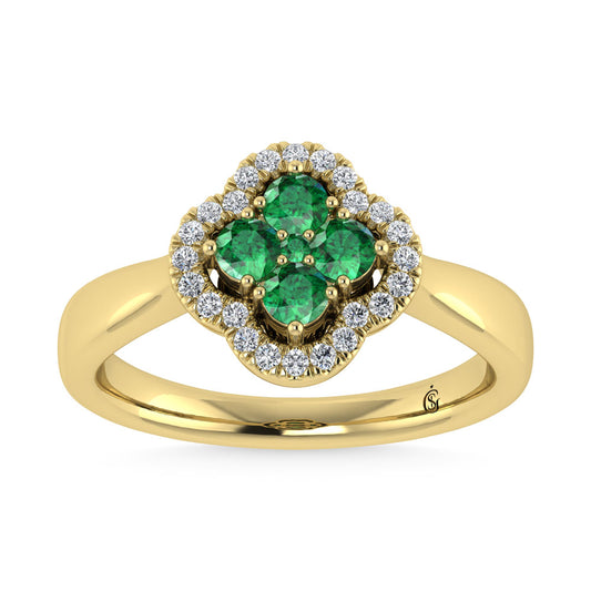 14K Yellow Gold Diamond 5/8 Ct.Tw. and Emerald Clover Ring