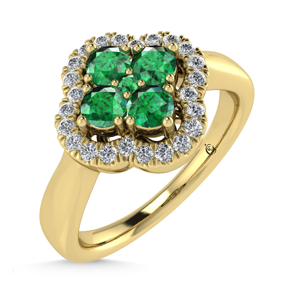 14K Yellow Gold Diamond 5/8 Ct.Tw. and Emerald Clover Ring