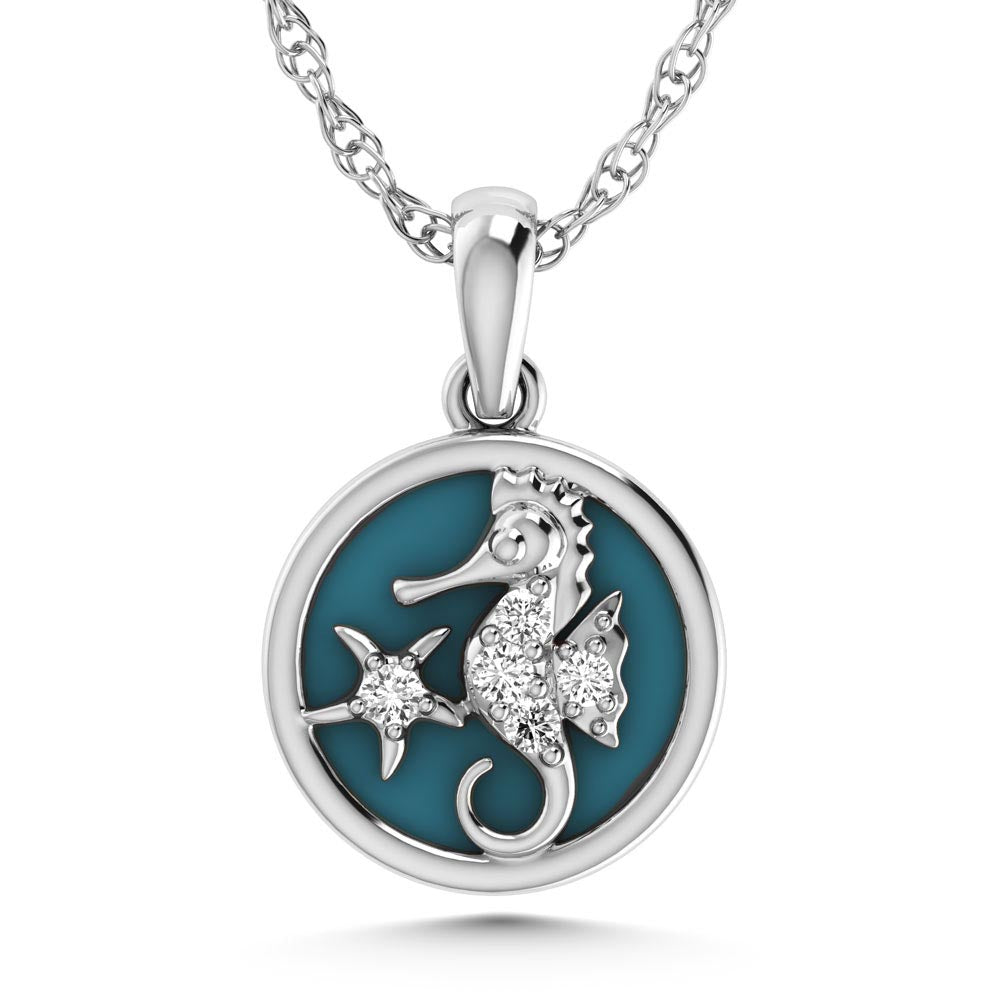 14K White Gold Diamond 7/8 Ct.Tw. Mother of Pearl Sea Horse Pendant