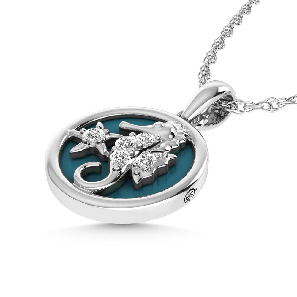 14K White Gold Diamond 7/8 Ct.Tw. Mother of Pearl Sea Horse Pendant