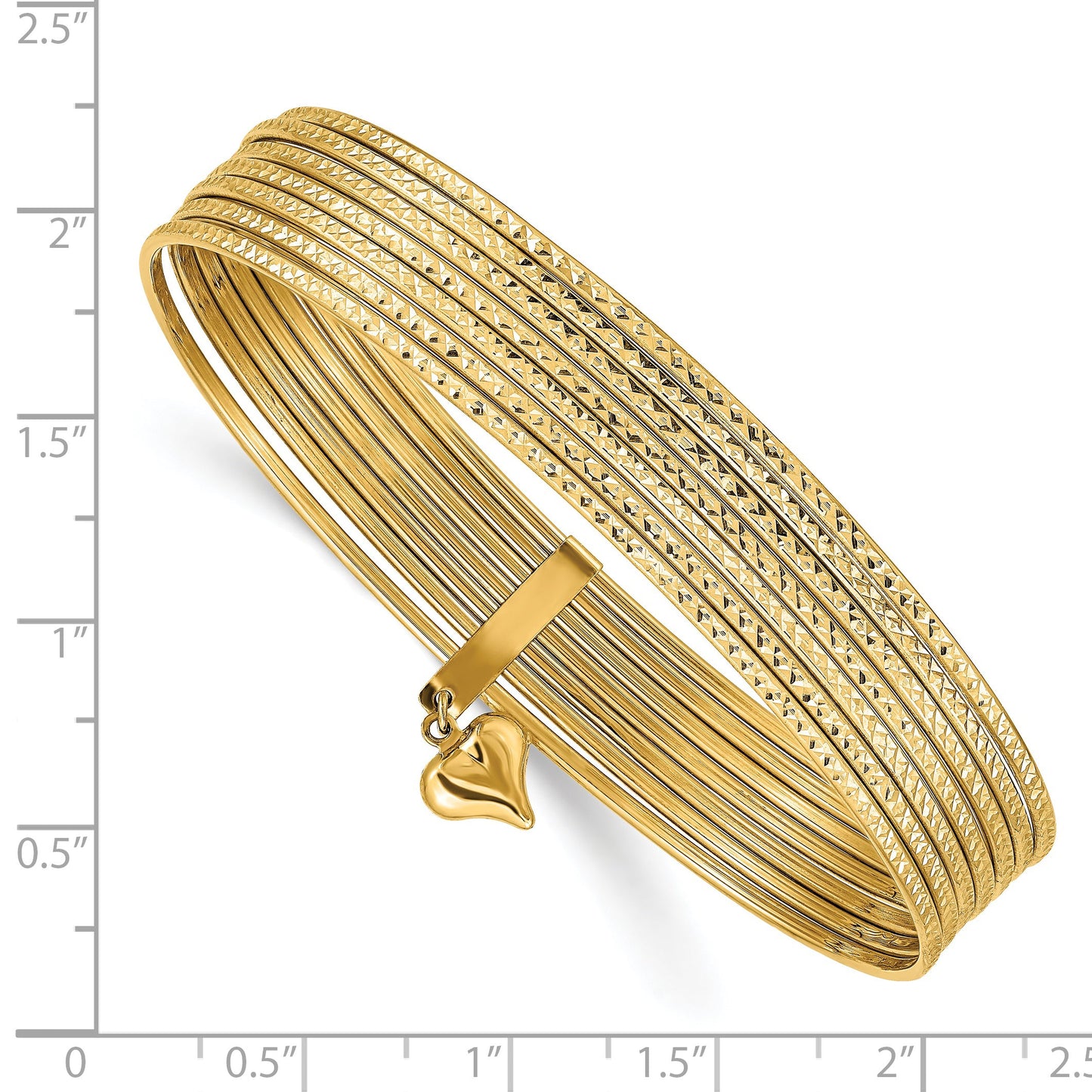 14K w/ Dangle Heart Set of 7 Slip-on Textured Bangles