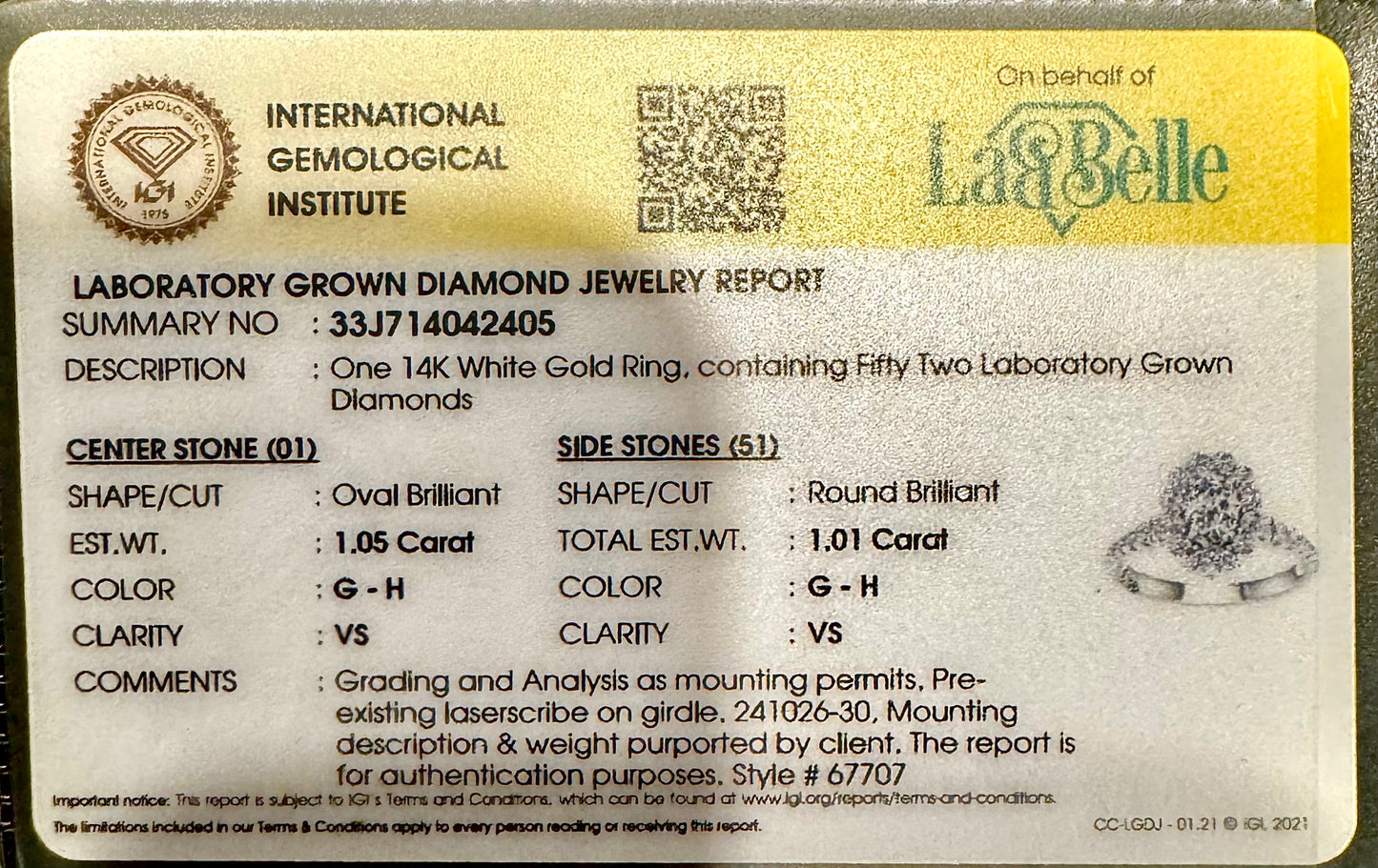 14KW IGI Certified  VS/ G-H 2.06ctw OVAL Cut Halo Lab Diamond Ring