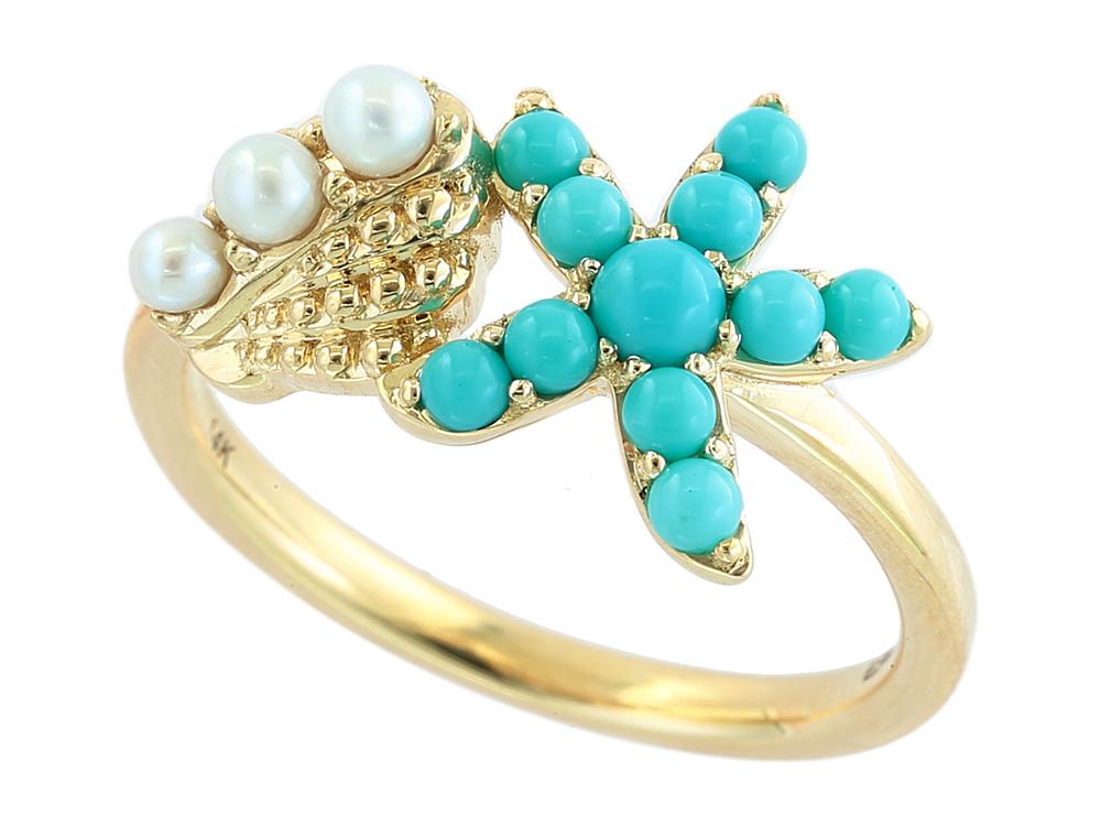 EFFY 14K YELLOW GOLD ,FRESH WATER PEARL,TURQUOISE RING