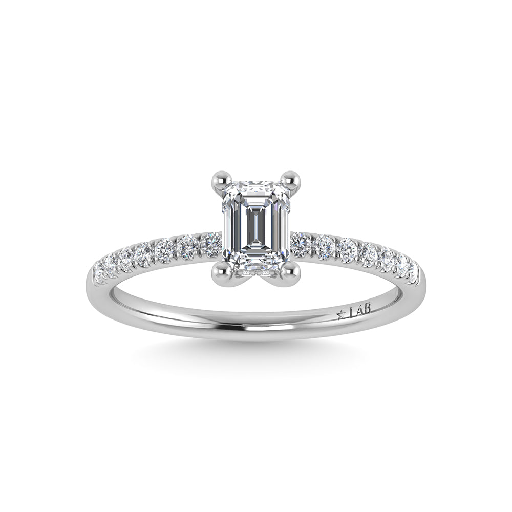 14K White Gold Lab Grown Diamond 1 3/4 Ct.Tw. IGI Certified Emerald Shape Hidden Halo Engagement Ring
