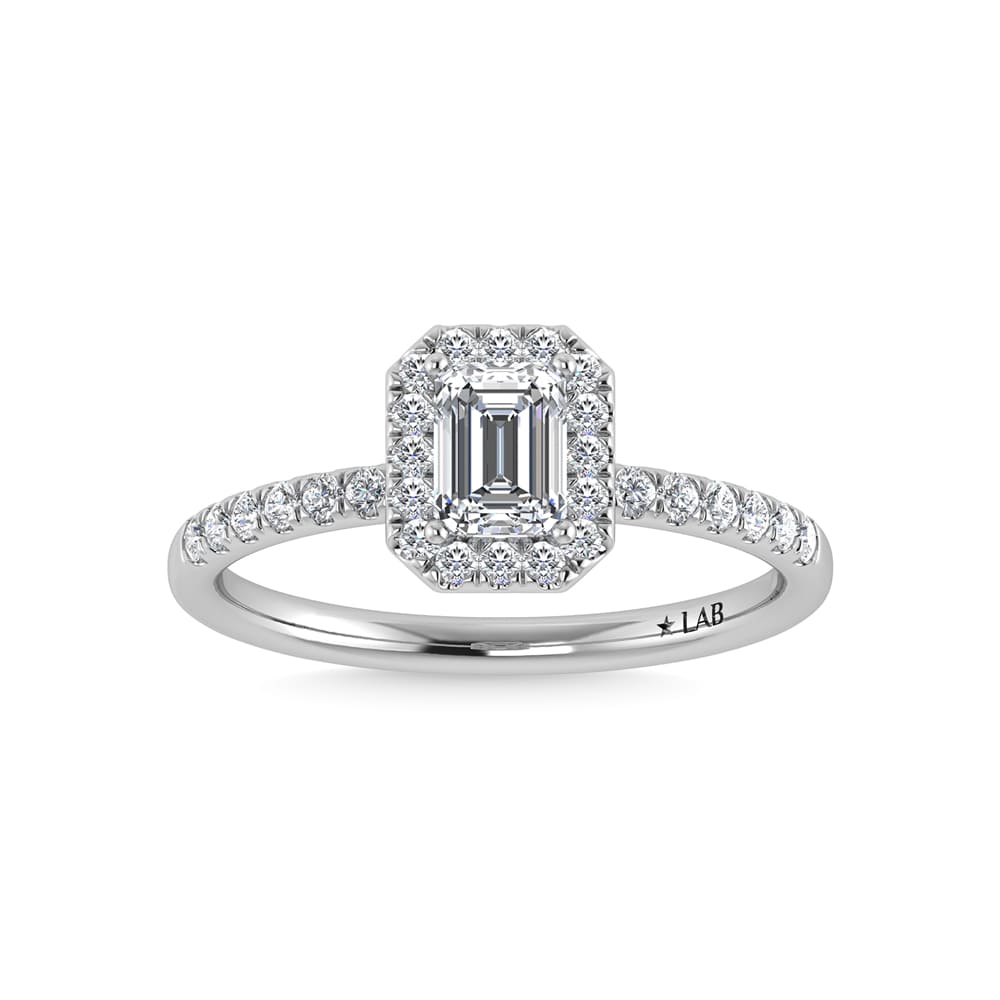 14K White Gold Lab Grown Diamond  1 1/4 Ct.Tw. IGI Certified Emerald Shape Halo Engagement Ring