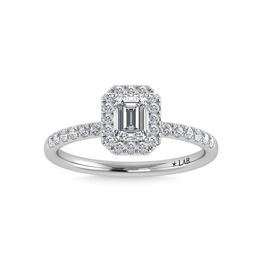 14K White Gold Lab Grown Diamond  1 1/4 Ct.Tw. IGI Certified Emerald Shape Halo Engagement Ring