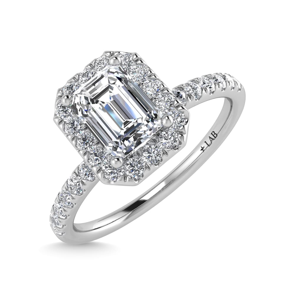 14K White Gold Lab Grown Diamond  1 1/4 Ct.Tw. IGI Certified Emerald Shape Halo Engagement Ring