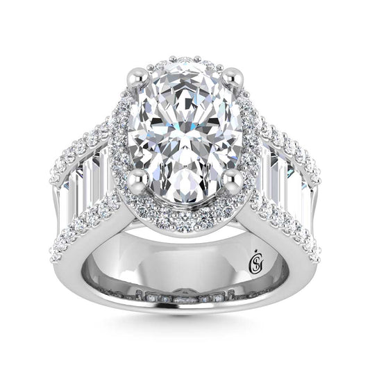 14K White Gold Lab Grown Diamond 8 Ct.Tw. Round and Baguette Shank Engagement Ring (Oval Center)