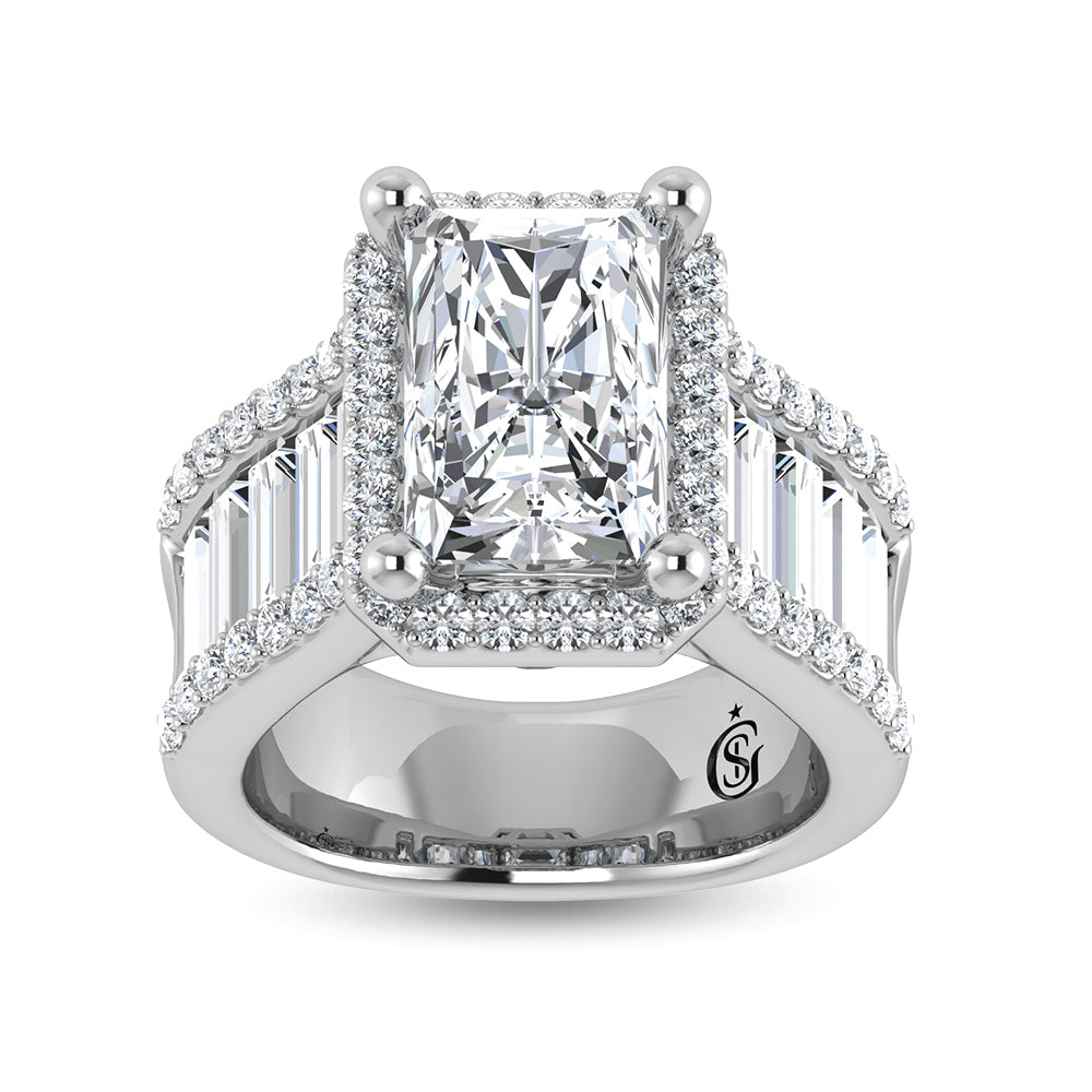 14K White Gold Lab Grown Diamond 8 Ct.Tw. Straight Baguette Shank Engagement Ring (Center Radiant)