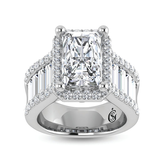 14K White Gold Lab Grown Diamond 8 Ct.Tw. Straight Baguette Shank Engagement Ring (Center Radiant)