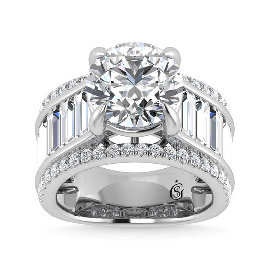 14K White Gold Lab Grown Diamond 8 1/6 Ct.Tw. Round and Baguette Shank Engagement Ring (Round Center)