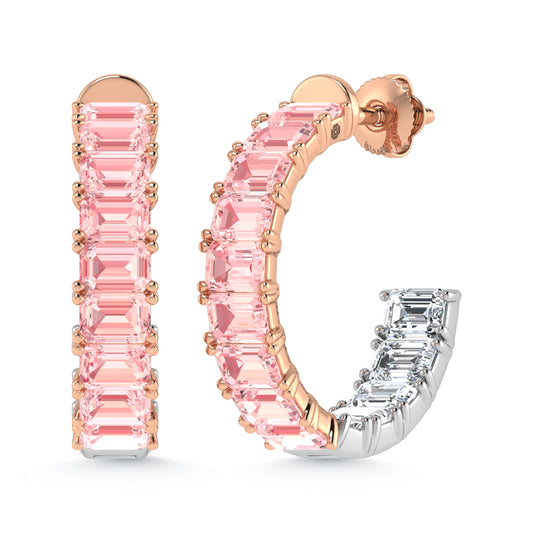 14K Two Tone Lab Grown 5 5/8 Ct.Tw. Outside Pink and Inside White Emerald Hoop Earrings