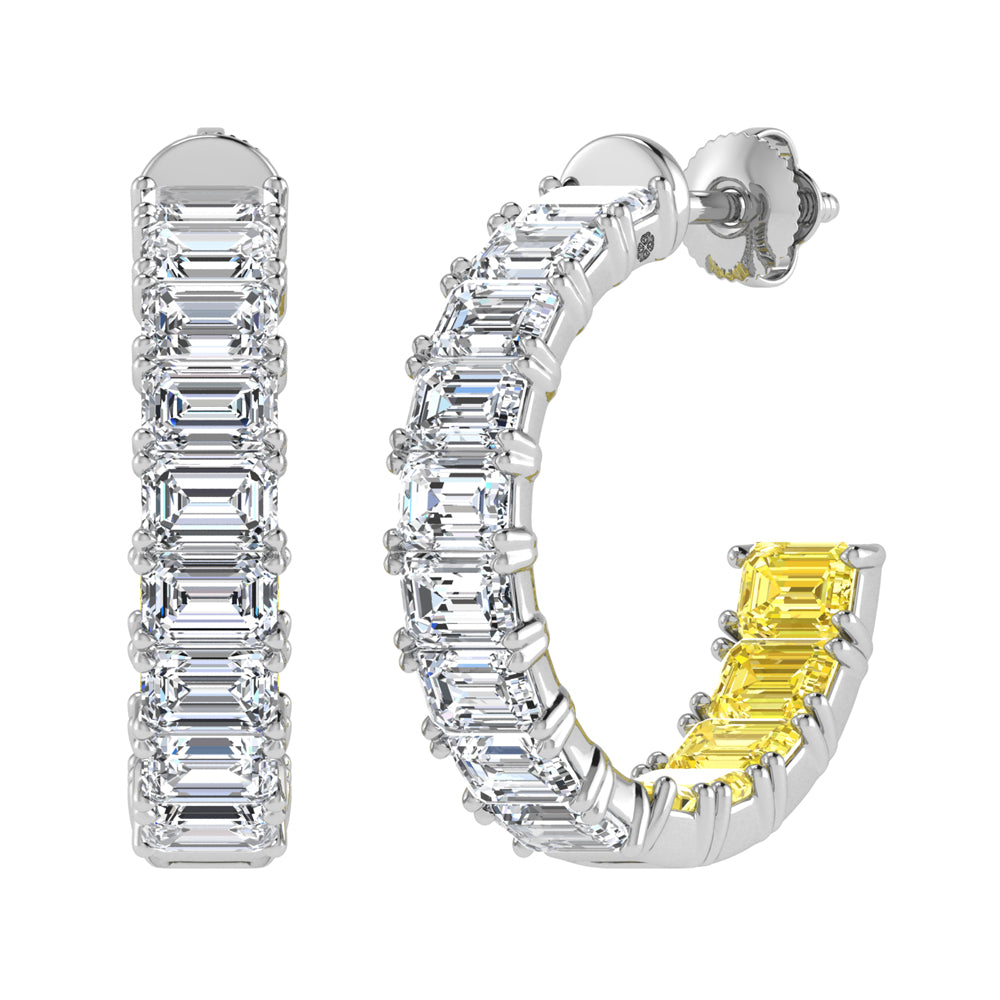 14K White Lab Grown 5 5/8 Ct.Tw. Outside White and Inside Yellow Emerald Hoop Earrings