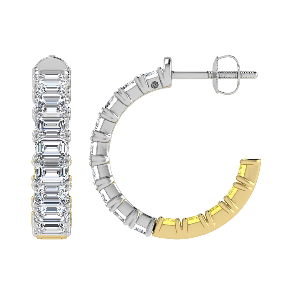 14K Two Tone Lab Grown 5 5/8 Ct.Tw. Outside White and Inside Yellow Emerald Hoop Earrings