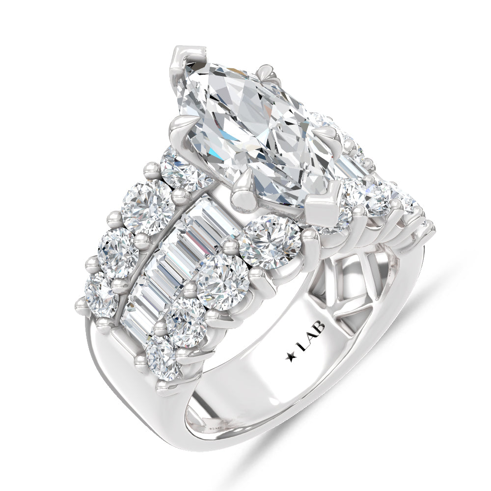 14K White Gold Lab Grown Diamond 6 3/4 Ct.Tw. Center Marquise and Baguette Engagement Ring (Center 5 ctw)