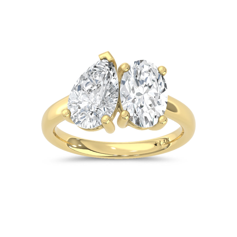 14K Yellow Gold Lab Grown Diamond  3 Ct.Tw. Pear and Oval Two Stone Ring
